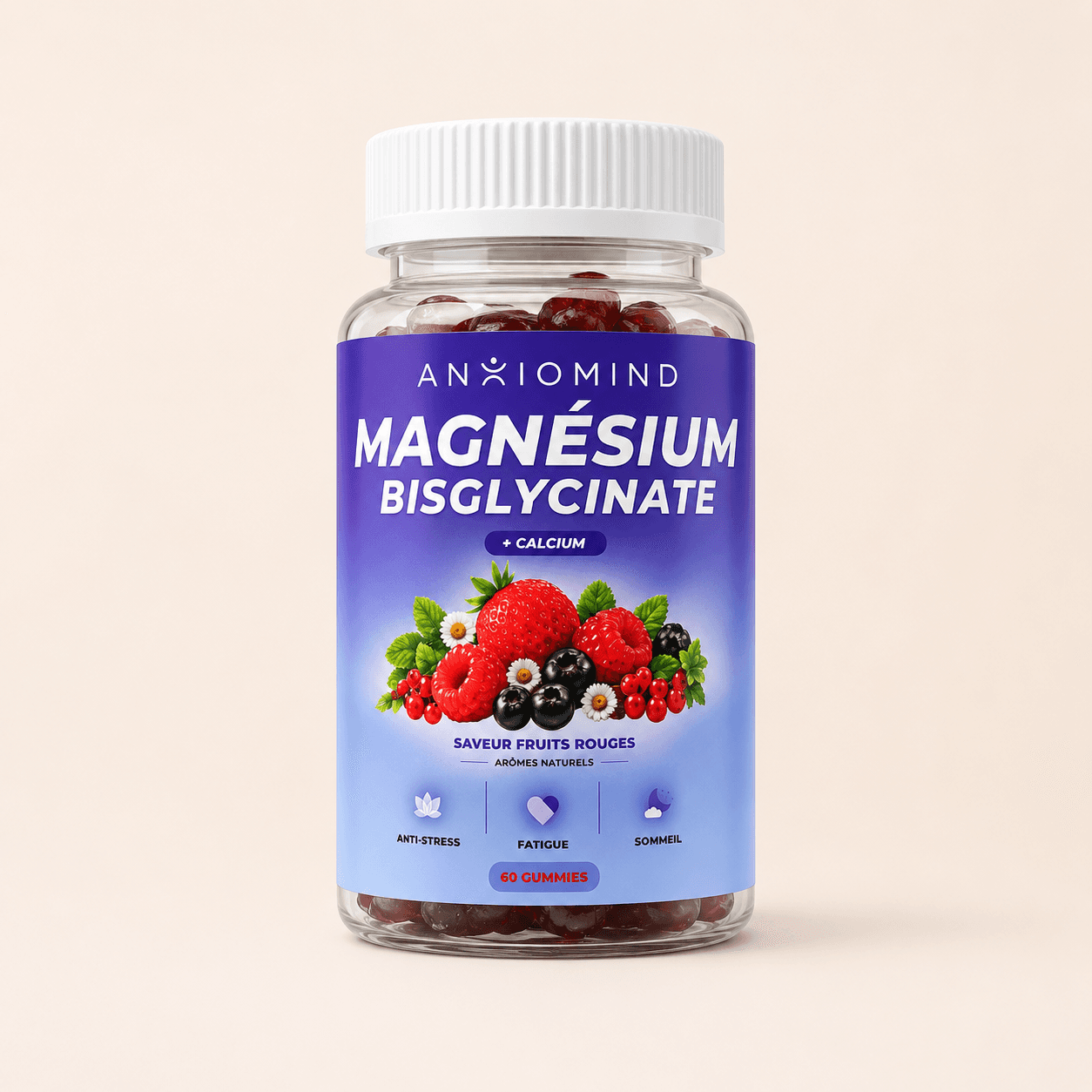 Flacon de 60 gummies Magnésium Bisglycinate AnxioMind, saveur fruits rouges