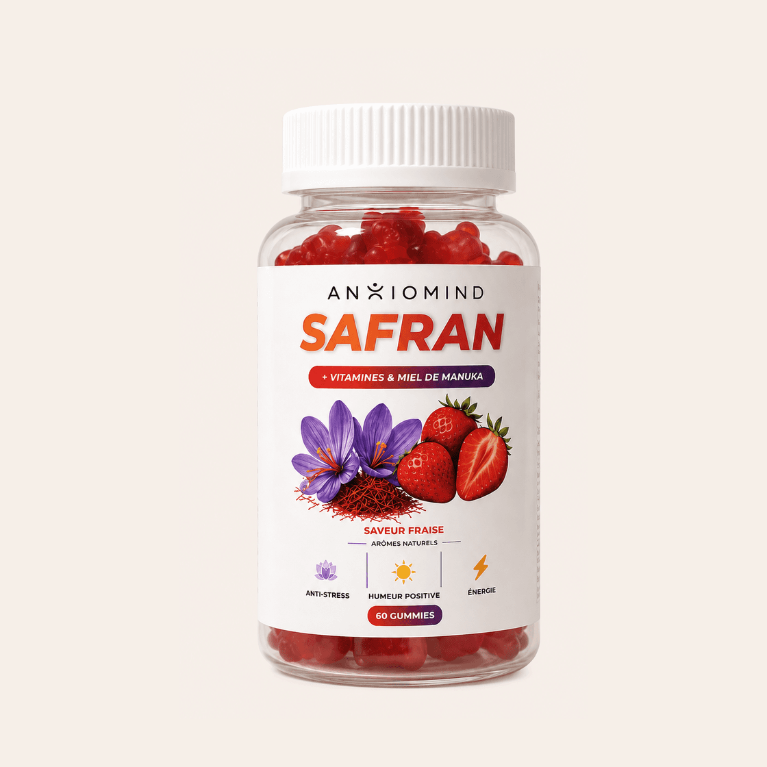 Flacon de 60 gummies Safran AnxioMind, saveur fraise